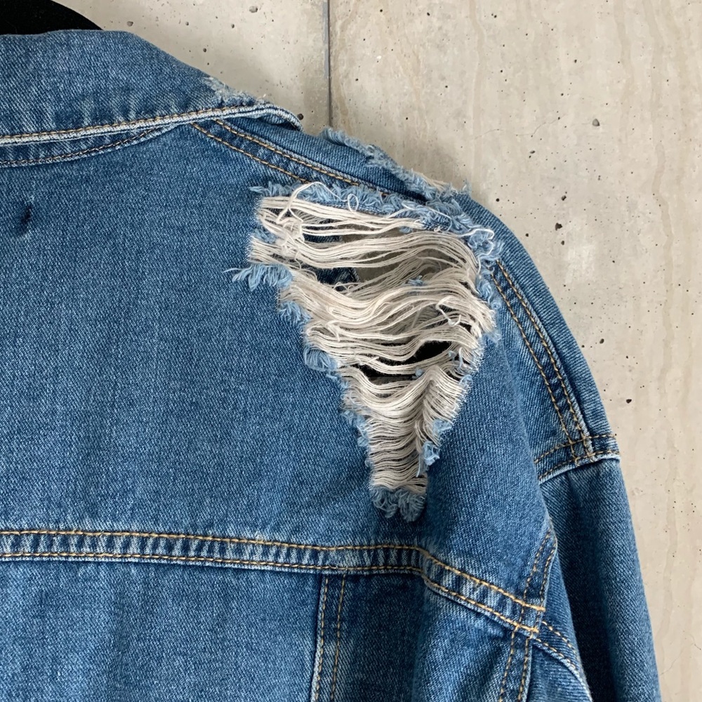 Distressed Medium Wash Denim Jean Jacket - Picture 6 of 6
